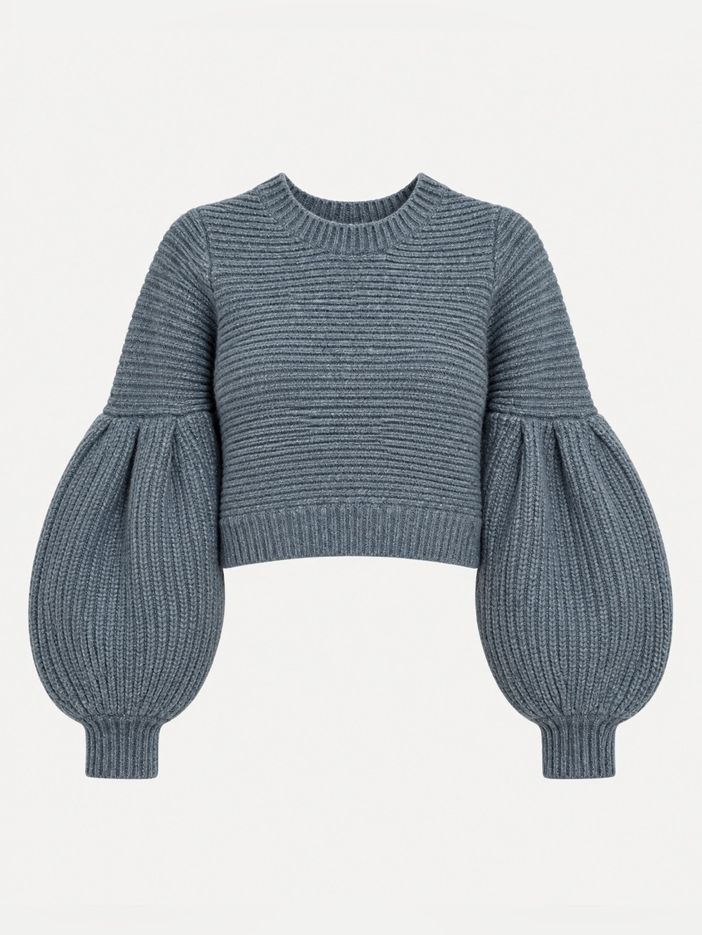 Zara Blue Gray Cropped Ribbed Knit Balloon Sleeve Sweater Size S